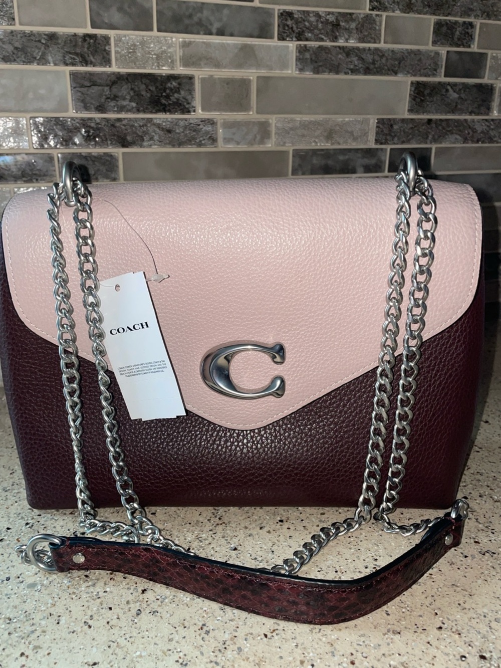 NWT Coach Two-Tone Pink and BurgundyPurple Pebbled Leather Chain Shoulder Bag